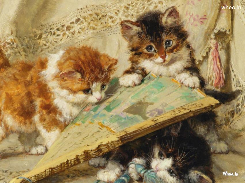Playing Kittens Hand Painting Hd Wallpaper