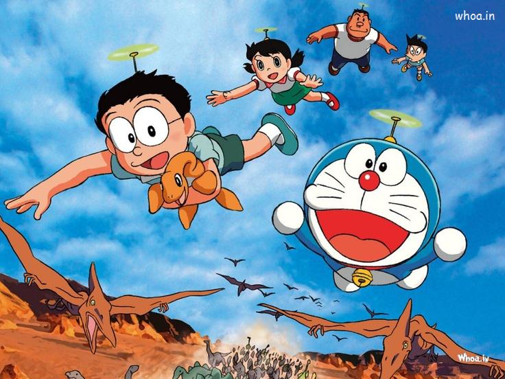 Doraemon And His Friends Flying With Dinosaur
