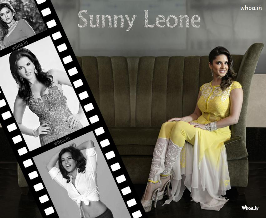 Sunny Leone Sitting On A Sofa In Simple Yellow Dress