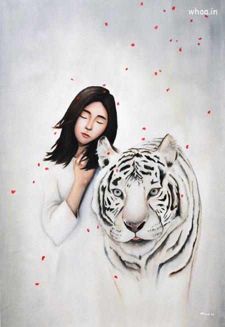 Fine Art Image Of White Tiger And Girl