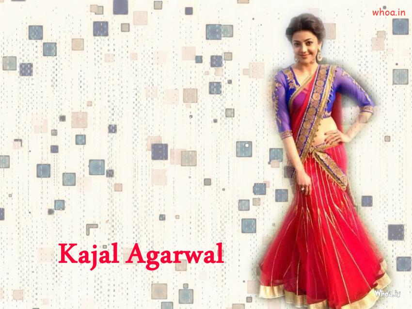 Kajal Agarwal In Red And Blue Saree Simple Photoshoot