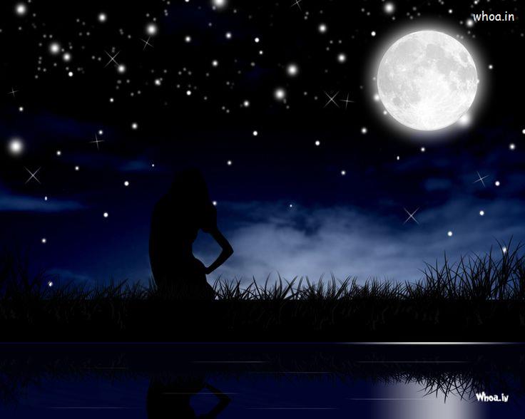 Lonely Girl Show The Moon In Dark Night