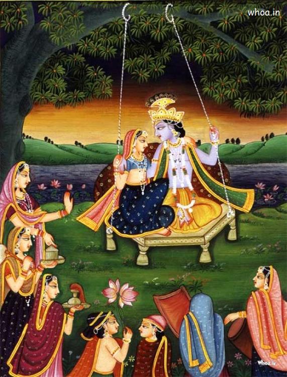 Radhe Krishna Swinging Between Gopis