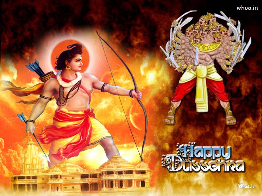 Happy Dussehra With Lord Ram And Ravan With Fire ...