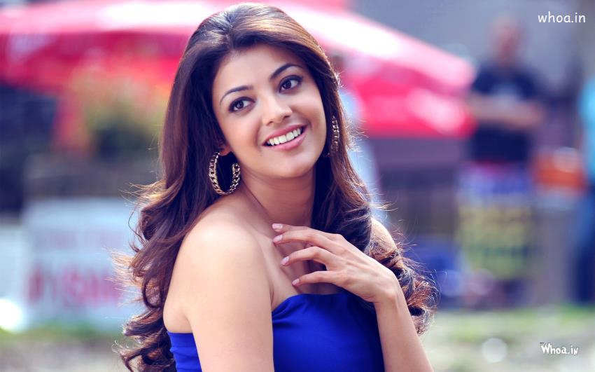 Kajal Agarwal In Blue Top With Smiley Face Widescreen Wallpaper
