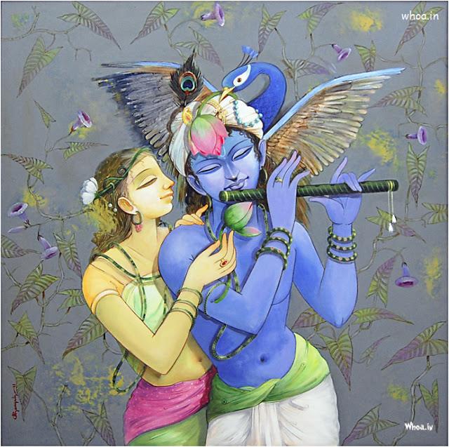 Lord Radhe Krishna Playing Flute HD Painting Wallpaper