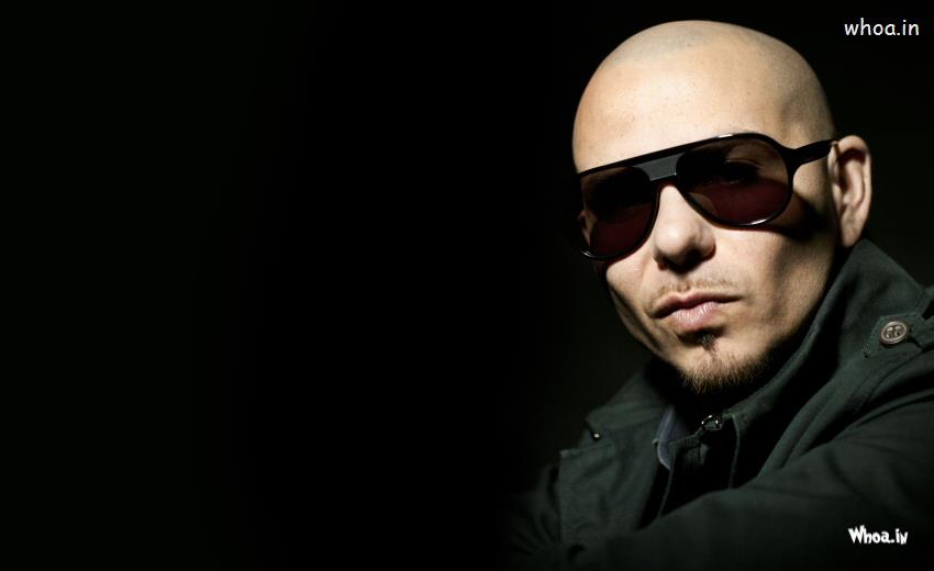 Pitbull Singer Black Suit And Black Sunglass With Dark Background