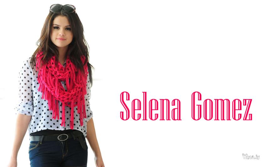Selena Gomez In White Top And Pink Scarf