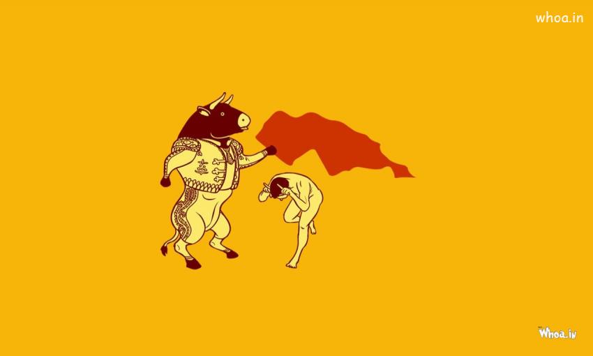 Bull Fighting With Yellow Background Cartoon Fun Wallpaper