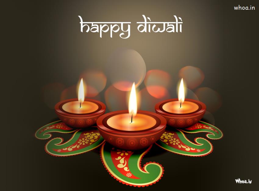 Happy Diwali With Beautiful Free Hand Design And Diya HD Wallpaper