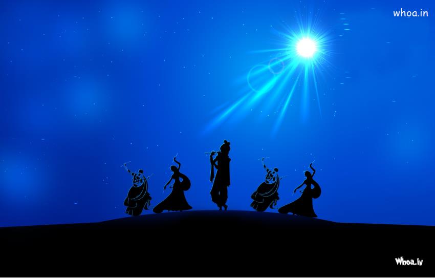 Lord Krishna Rass Leela In Night With Blue Background HD Wallpaper