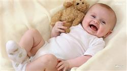 Smiling Cute Baby Toddler Is Lying Down On White C
