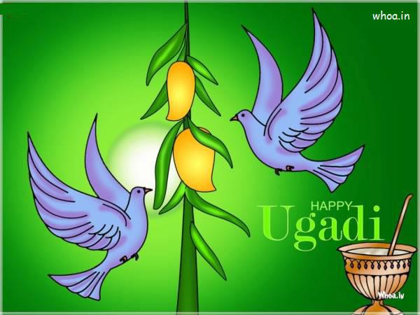 Happy Ugadi Greeting Image With Two Beautiful Birds.