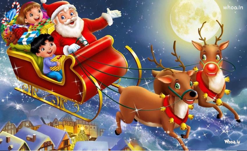 Merry Christmas Greetings Cartoon Santa Claus Wallpaper