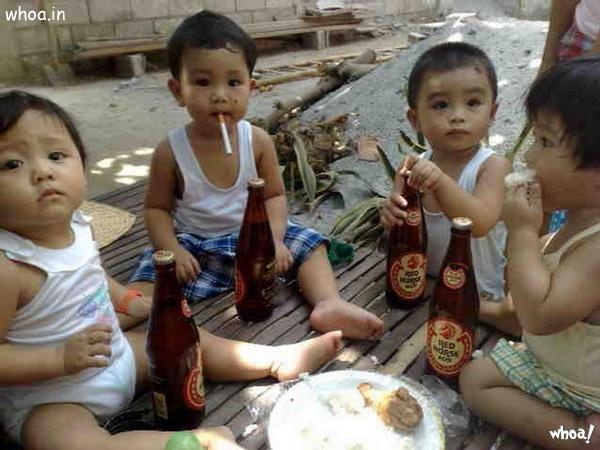 Funny Photo Of Childs Have A Smoke And Drunk