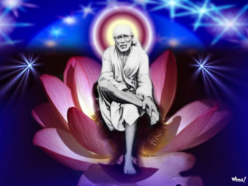 Sai Baba Sitting On A Lotus And Blue Shining Background Image