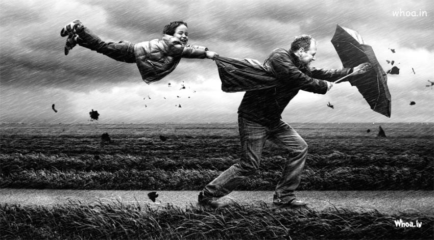 Funny Father And Children Rainy Hd Wallpaper