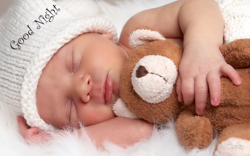 Good Night Greetings With Teddy And Sleeping Baby