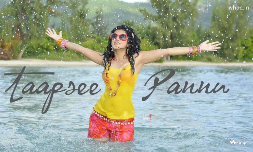 Taapsee Pannu In Yellow T Shirt In The Water