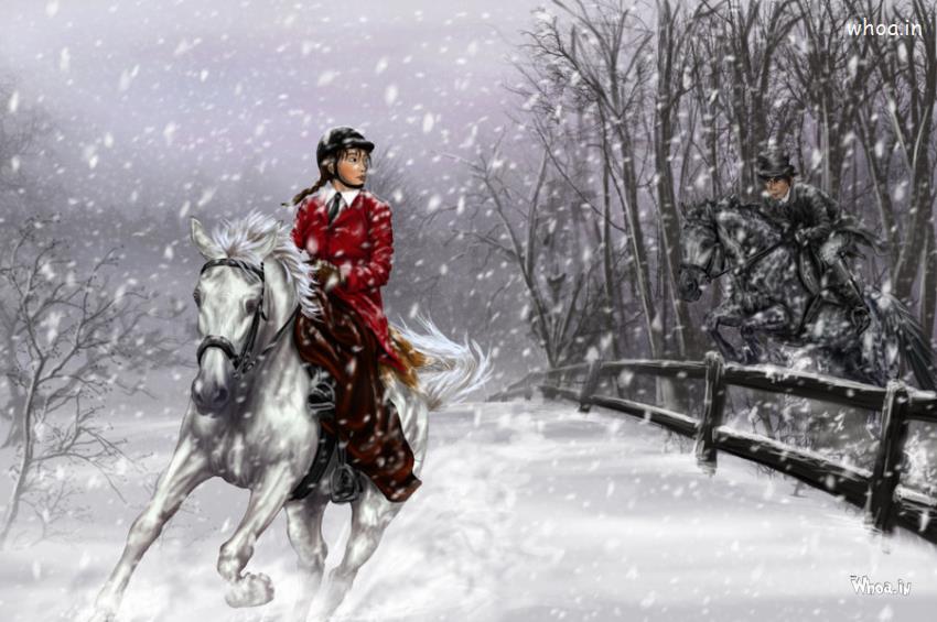 Couple Racing On Hourse Snawfall Hand Painting Wallpaper