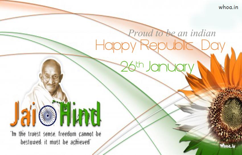 Happy Republic Day Wallpaper Of Mahatma Gandhi And Jay Hind Quote