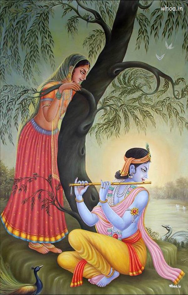 Lord Krishna Playing Flute For Radha Rani Hand Natural Hand Painting