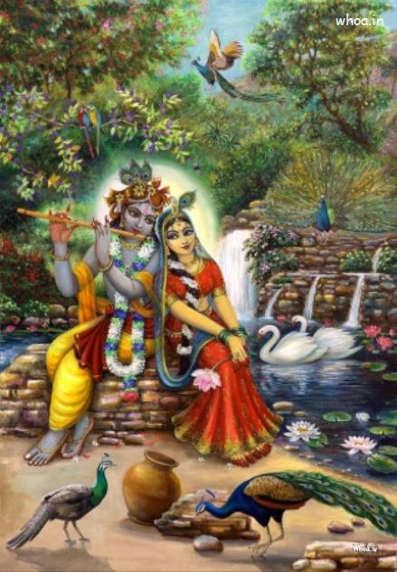Radha And Krishna Sitting Between Birds