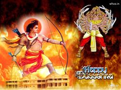 Happy Dussehra with Lord Ram and Ravan with fire Background Wallpaper