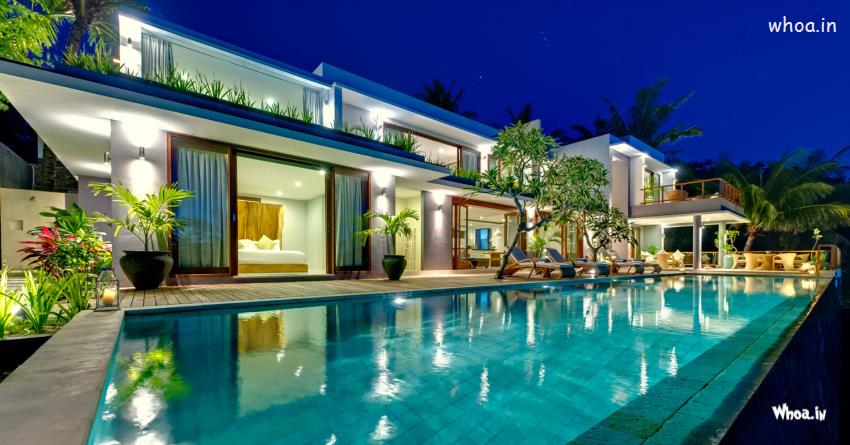 Amazing House Night View With Beautiful Swimming Pool Wallpaper