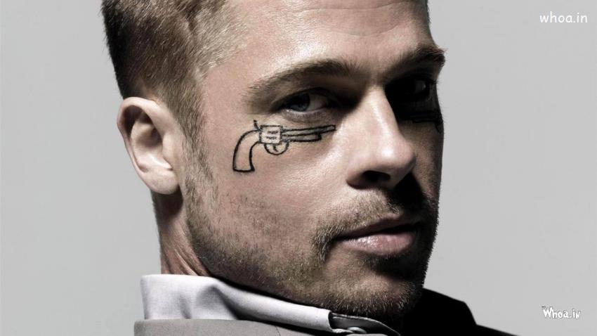 Brad Pitt Stylish Face Tattoo In Bottom Of Eyes