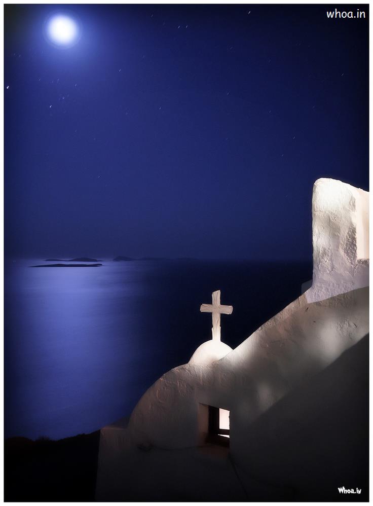 Christian Cross At Night View