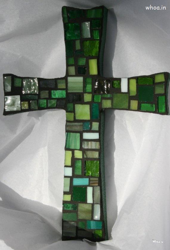 Christian Cross Made Of Green Shinning Stones