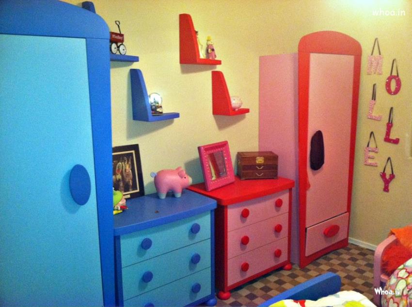 Cute Kid Room With Cheerful Red And Blue Cabinet And Colorful Furnitur