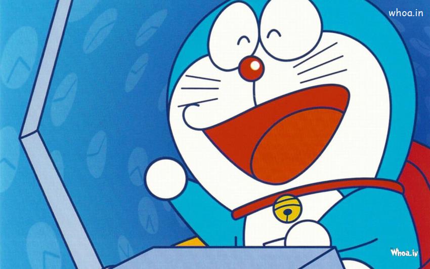 Doraemon Laughing With Blue Background Wallpaper