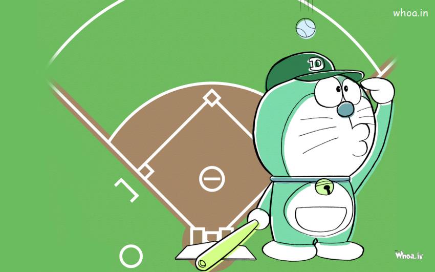 Doraemon Playing Baseball With Green Background Wallpaper