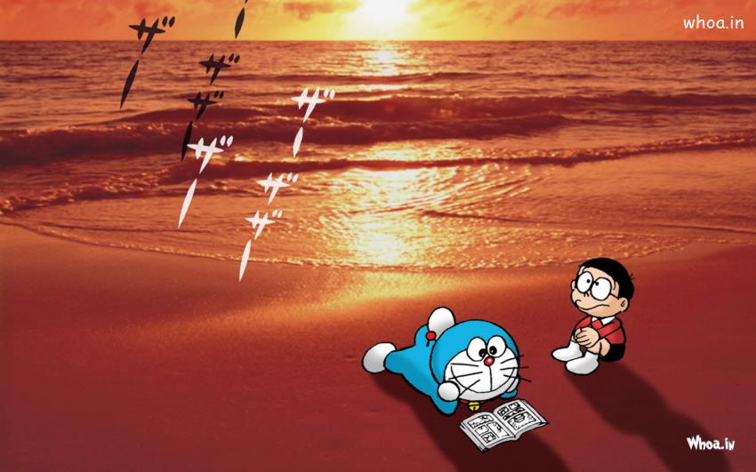 Doraemon Reading Book With Nice Sunset Wallpaper