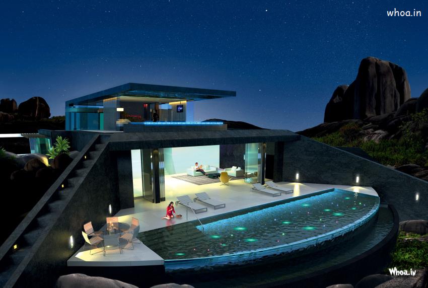 Fantasy Black House With Lighting Swimming Pool HD Wallpapers