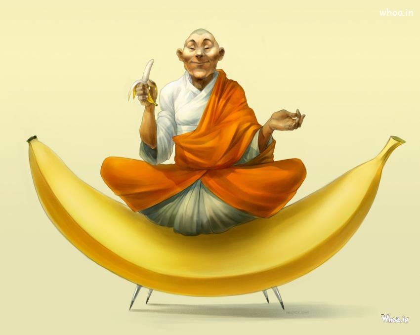 Funny Happy Face Buddha Style Cartoon On Banana