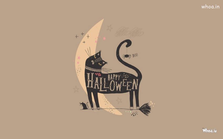 Happy Halloween With Black Cat And Moon HD Wallpaper
