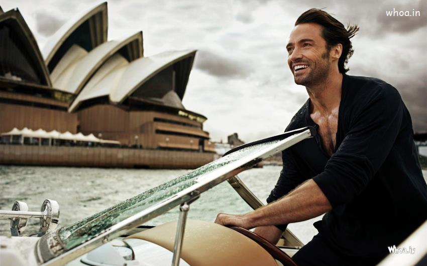 Hugh Jackman On Boat With Smiley Face Photoshoot
