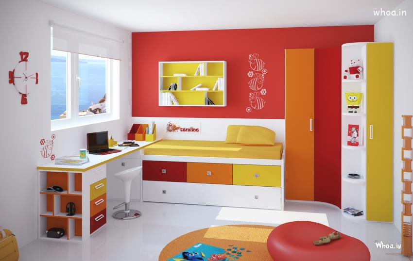 Kids Bedroom Decorating Yellow Wall With White Study Desk Kids Room