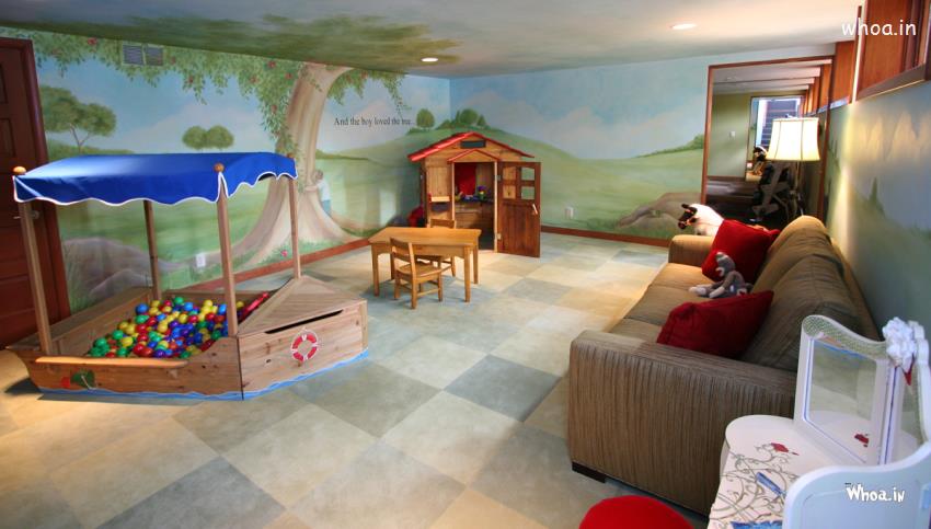 Kids Room With Magical Hillside Wall Decor With Wooden Home Shaped