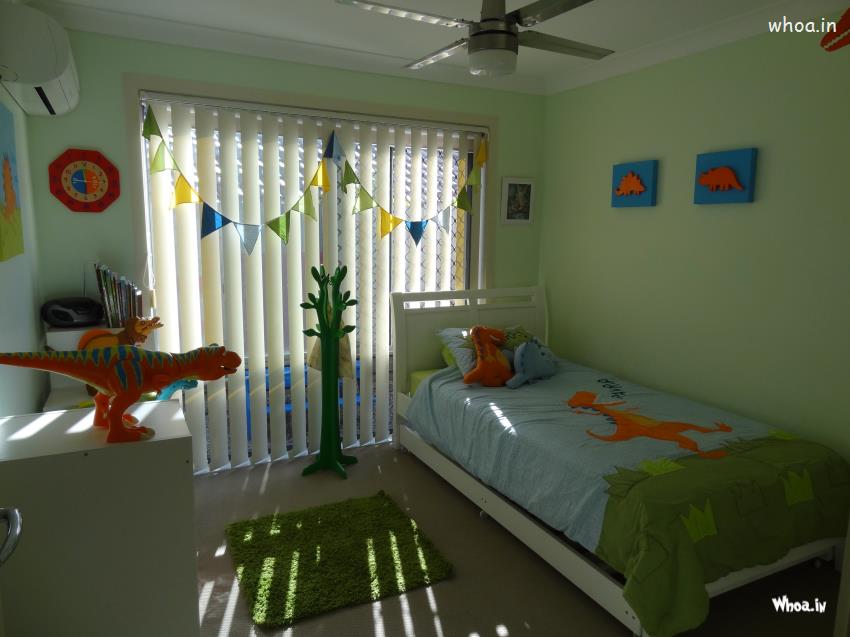 Kids Room With Delightful Dinosaur Theme Of Bed Cover