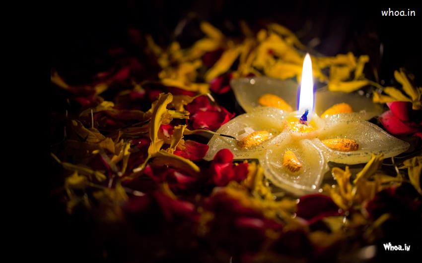 Lighting Deepak With Colorful Flower Greeting Wallpaper
