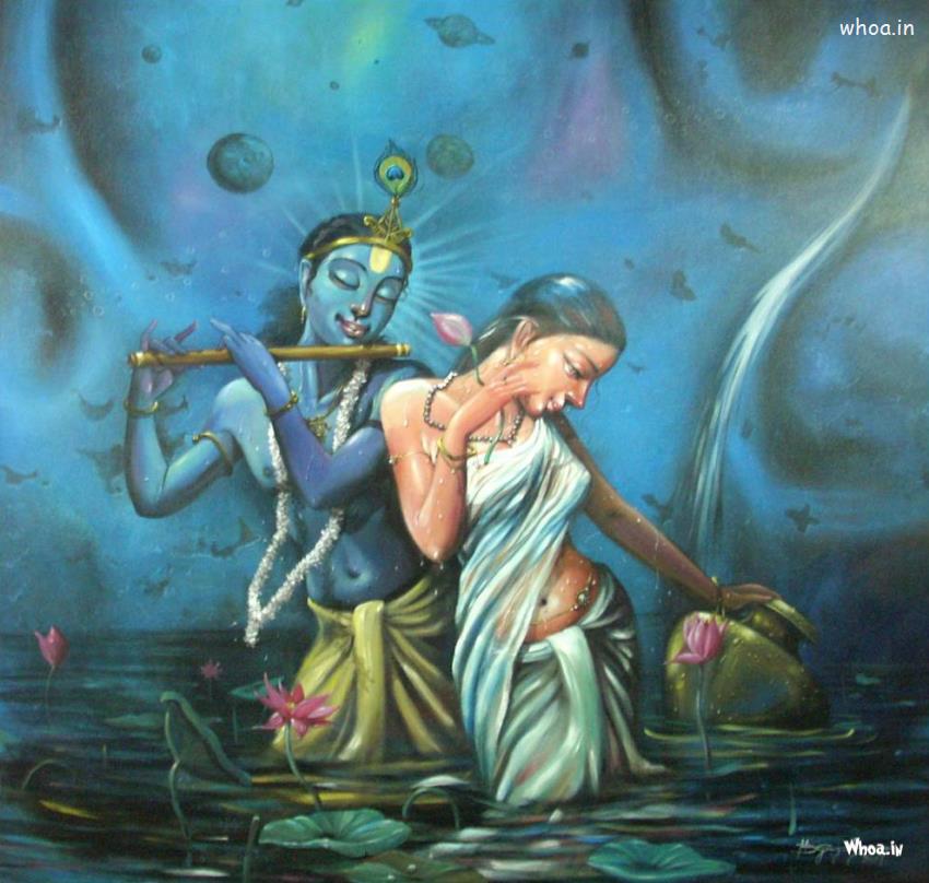 Lord Radhe Krishna Playing Flute With Blue Background Image