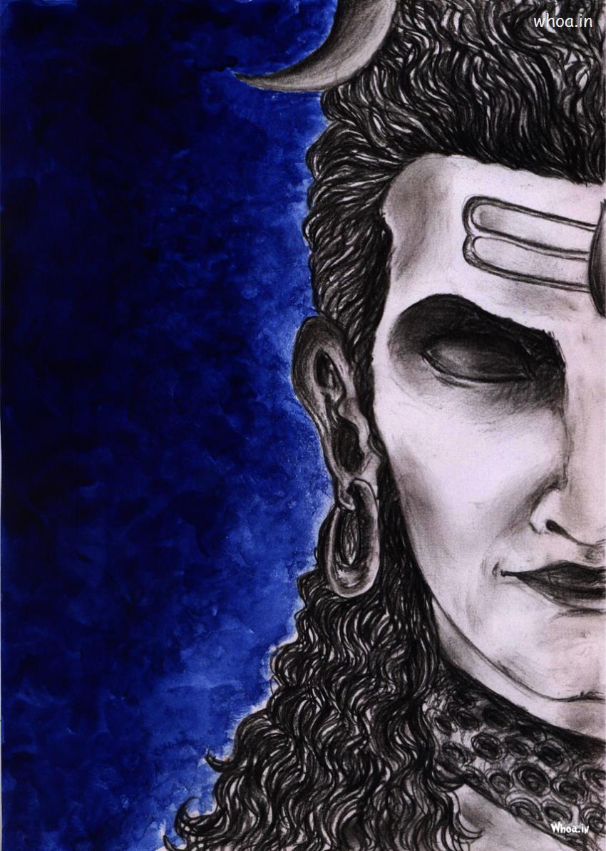 Lord Shiva Painting With Blue Background Wallpaper