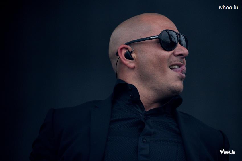 Pitbull Black Suit And Black Sunglass With Dark Background