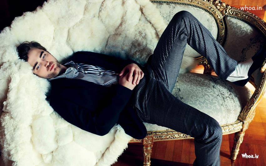 Robert Pattinson Blue Suit And Laying On Chair