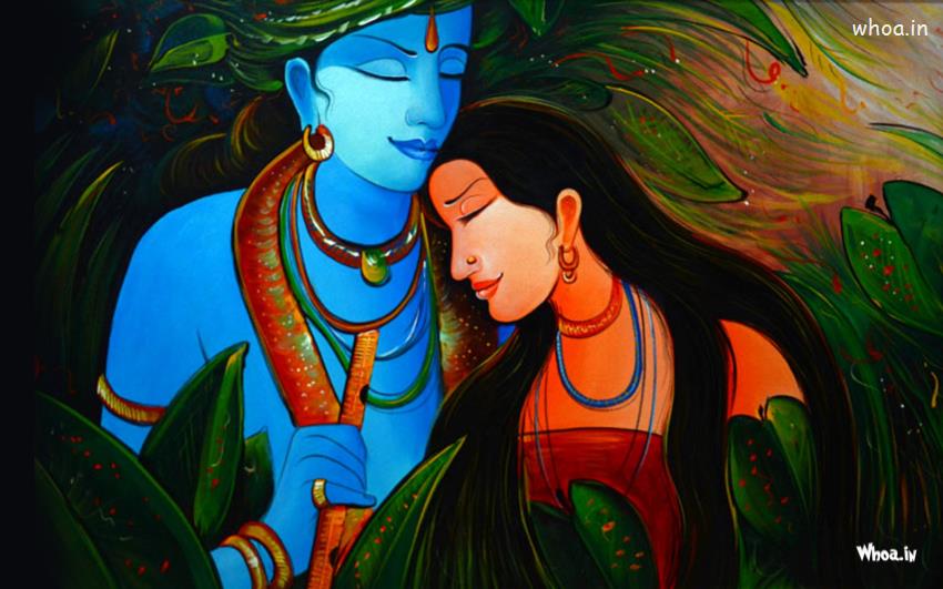 Romantic Love Painting Radha Krishna With Green Background Image