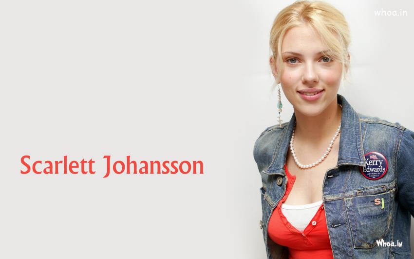 Scarlett Johansson Wearing Blue Jacket Over Red Top